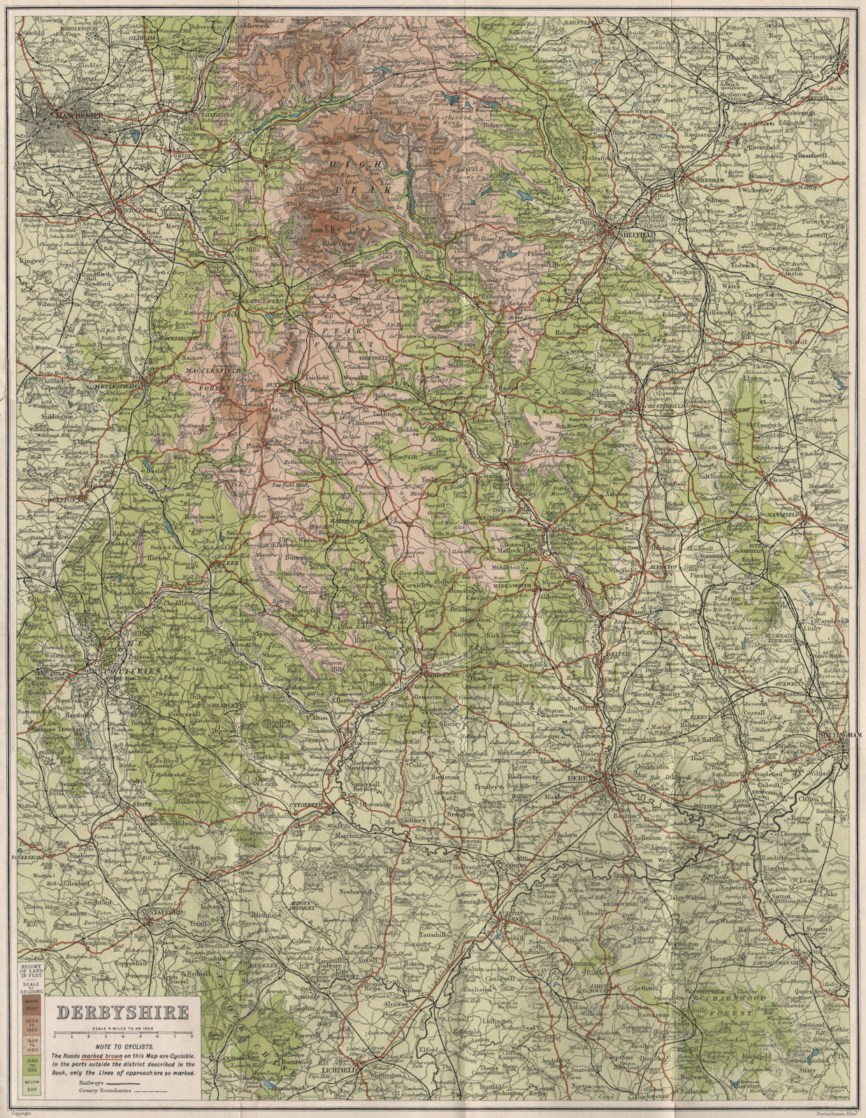 DERBYSHIRE. County map. Relief. PEAK DISTRICT. BARTHOLOMEW 1903 old